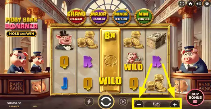 Piggy Bank Bonanza — Hold and Win bonus screen with gold coins and jackpot symbols