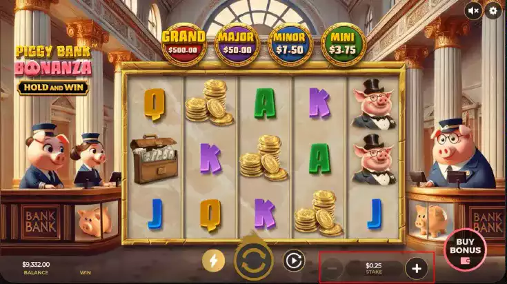 Piggy Bank Bonanza Hold and Win — game screenshot showing 5x3 reel grid with jackpots